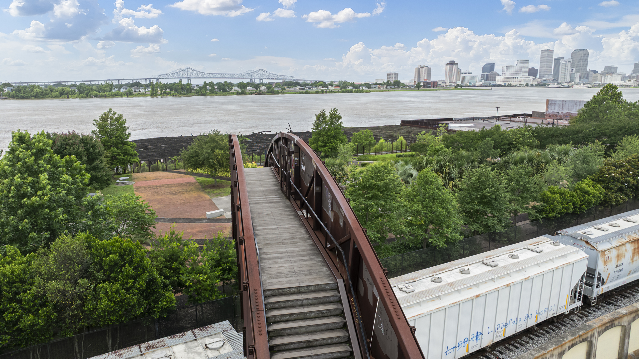 View of the New Orleans skyline and Mississippi River from Crescent Park